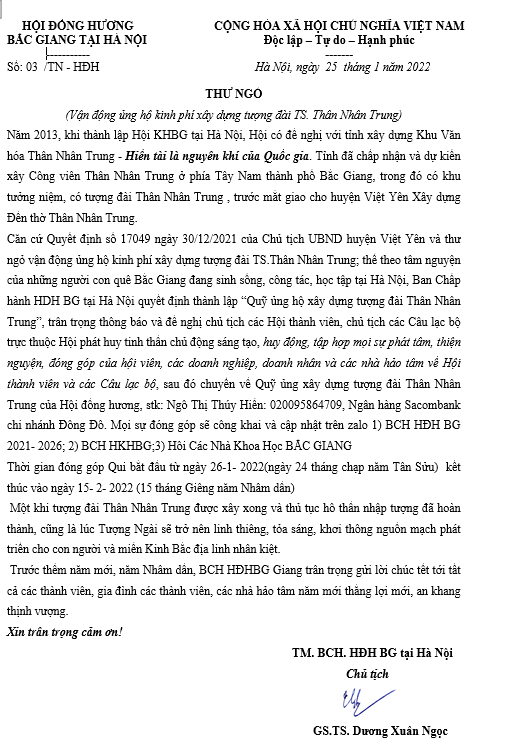 Vận động ủng hộ kinh phí xây dựng tượng đài 